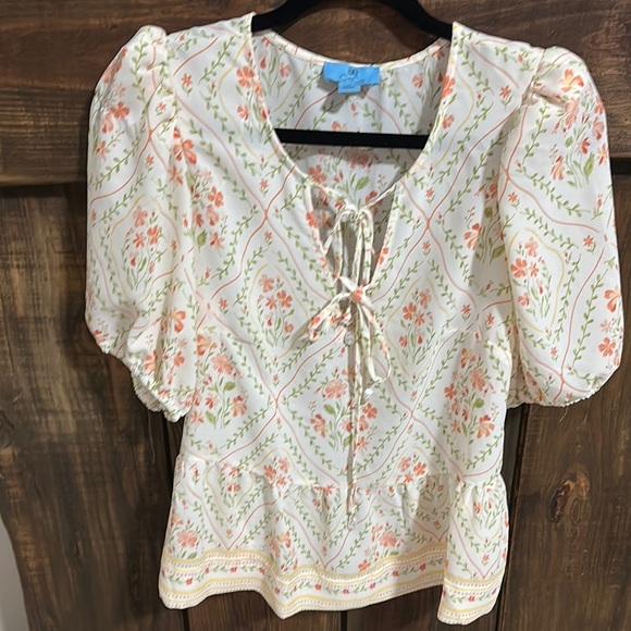Floral Puff Sleeve Top - Cream and Orange - Picture 1 of 5